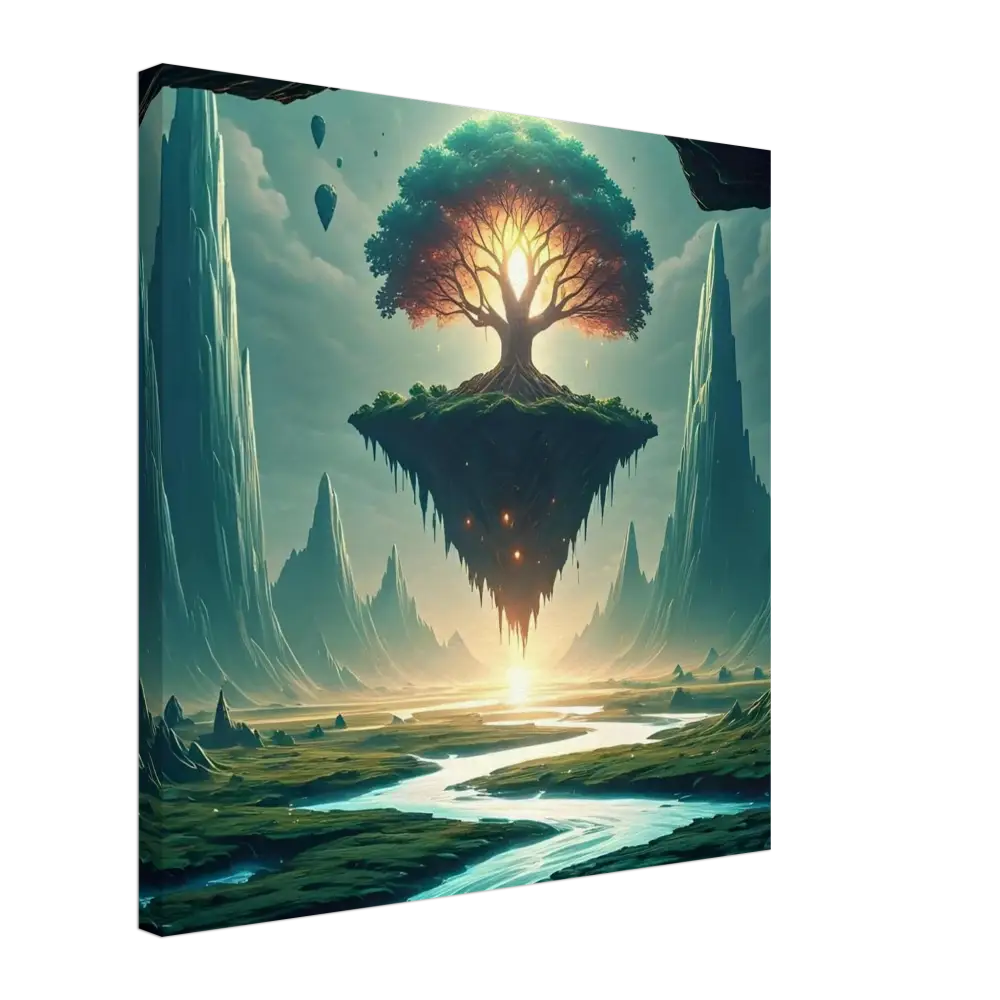 Floating island with radiant tree in Sanctuary of the Skyroot Canvas from PixiOnyx Floating Realm Series