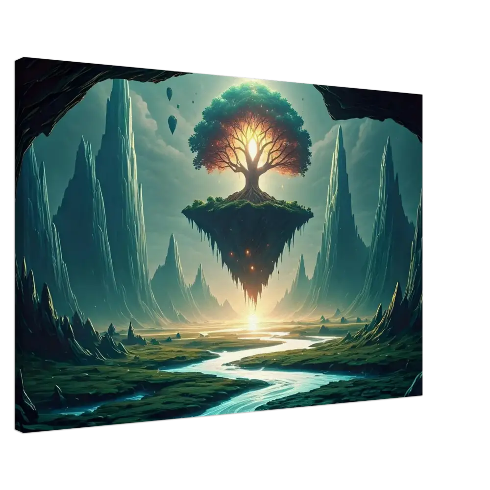 Floating island with glowing tree in Sanctuary of the Skyroot Canvas from PixiOnyx Floating Realm Series
