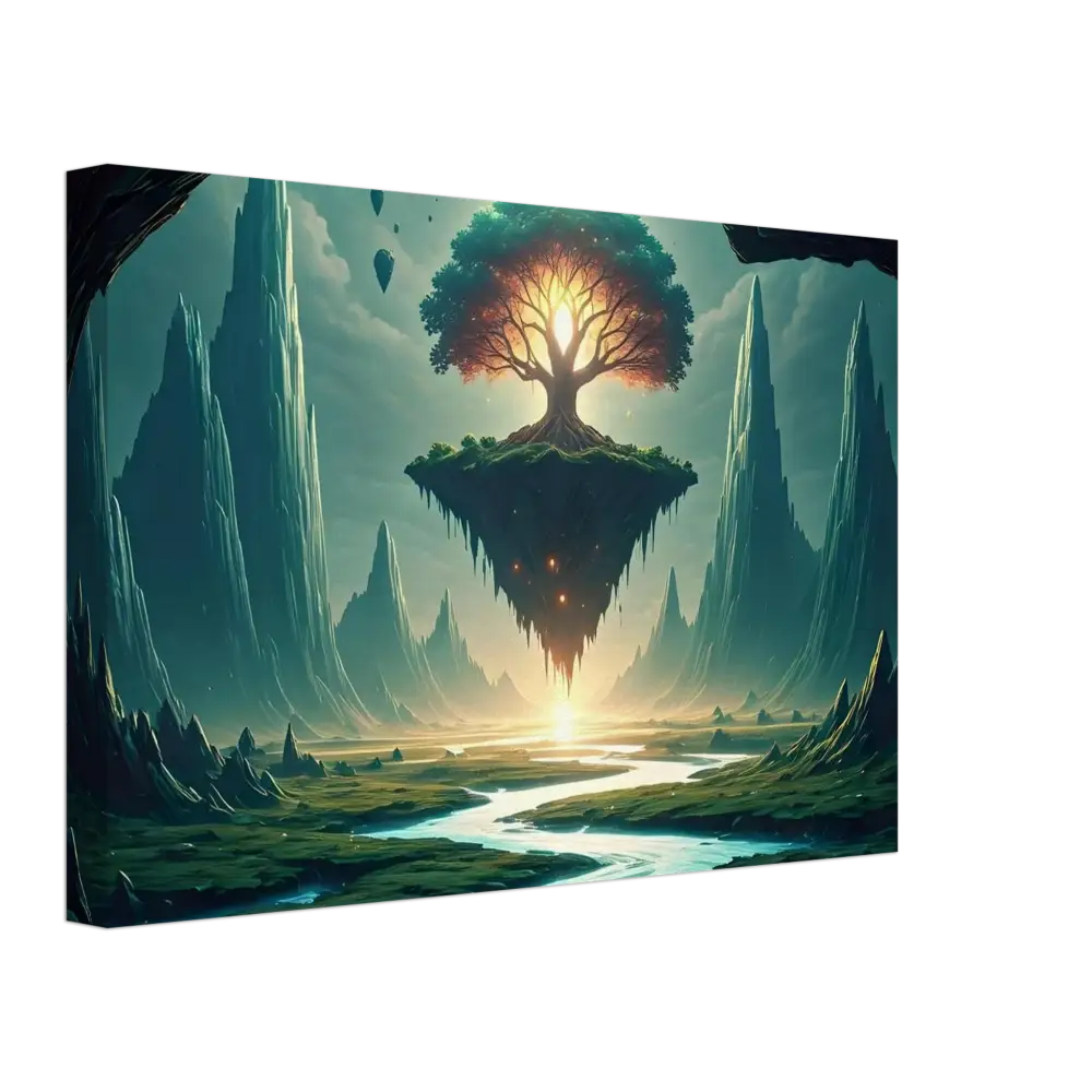Floating island with a glowing tree in Sanctuary of the Skyroot Canvas from PixiOnyx Floating Realm Series