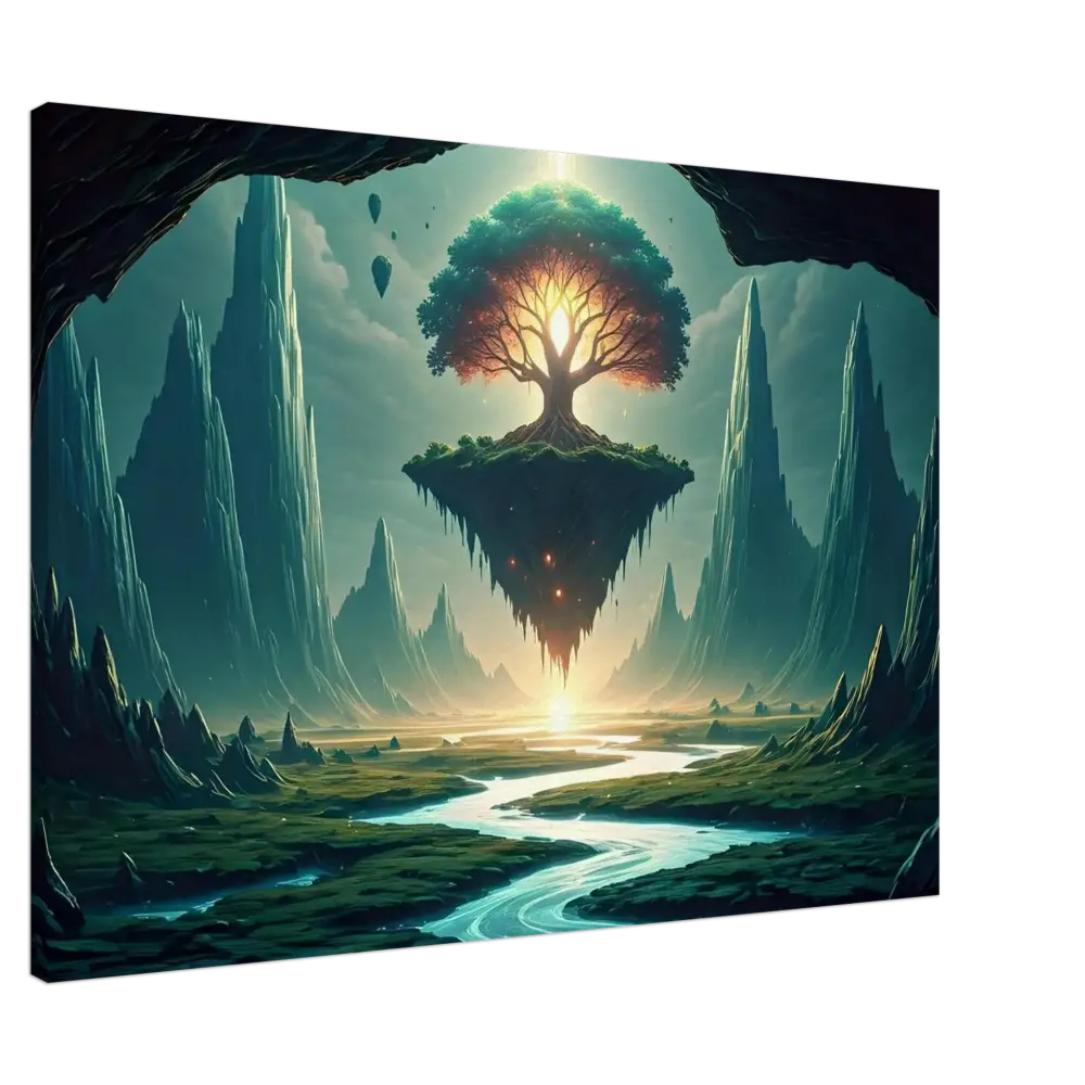 Floating island with a glowing tree in Sanctuary of the Skyroot Canvas from PixiOnyx Floating Realm Series