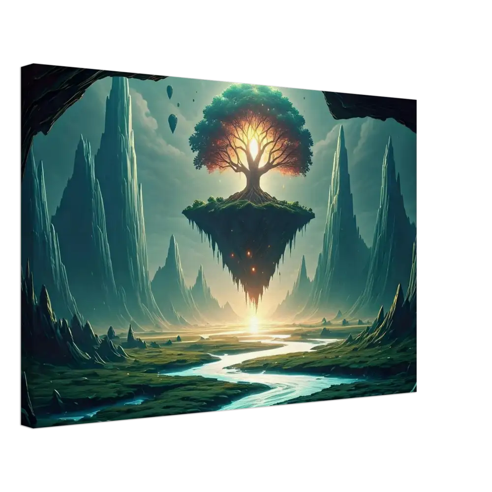 Floating island with a glowing tree in Sanctuary of the Skyroot Canvas by PixiOnyx