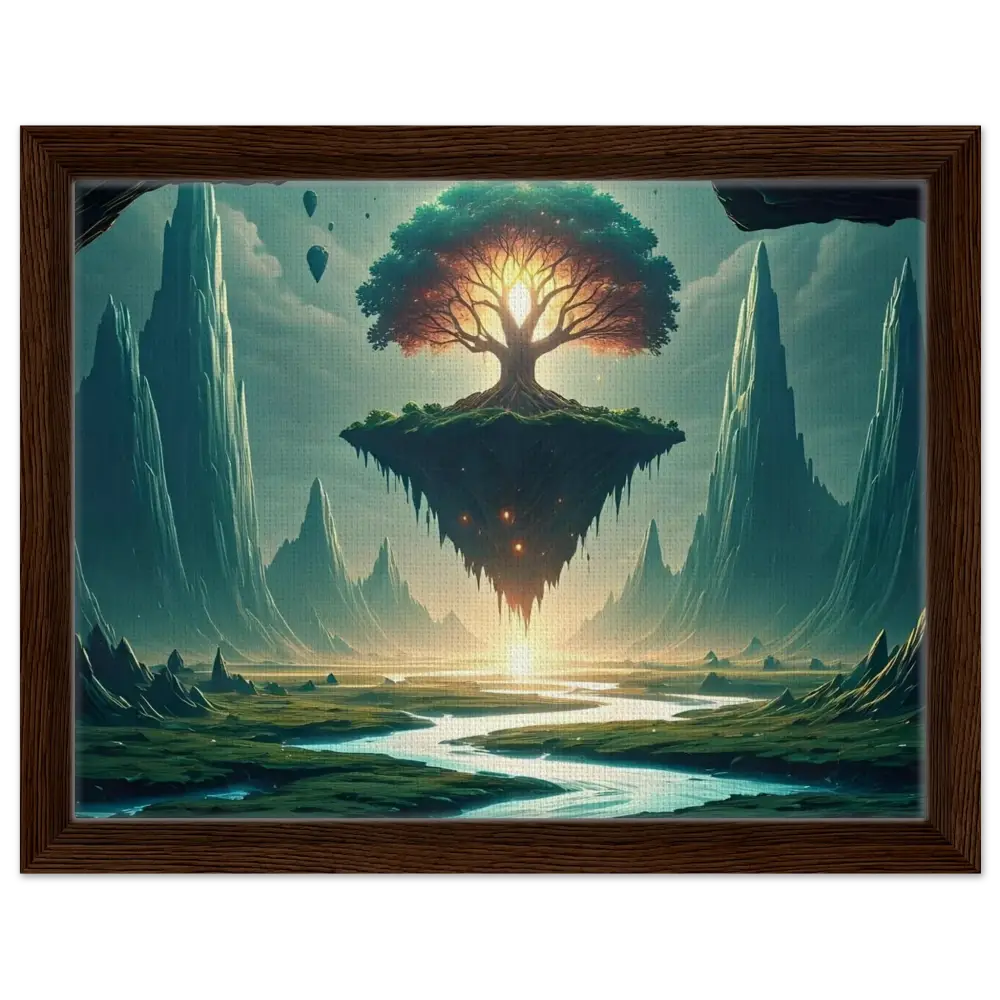 Framed fantasy landscape painting called Sanctuary of the Skyroot displayed in PixiOnyx Celestial Wall Display