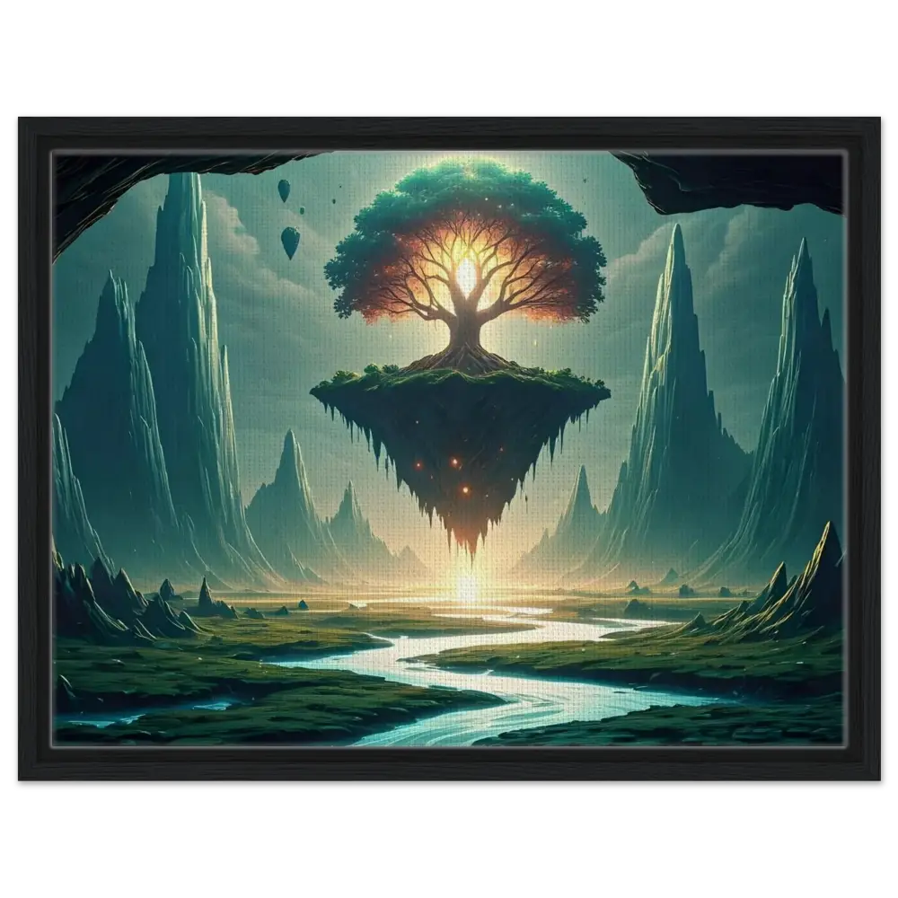 Floating tree island on a celestial wall display in Sanctuary of the Skyroot Framed Canvas
