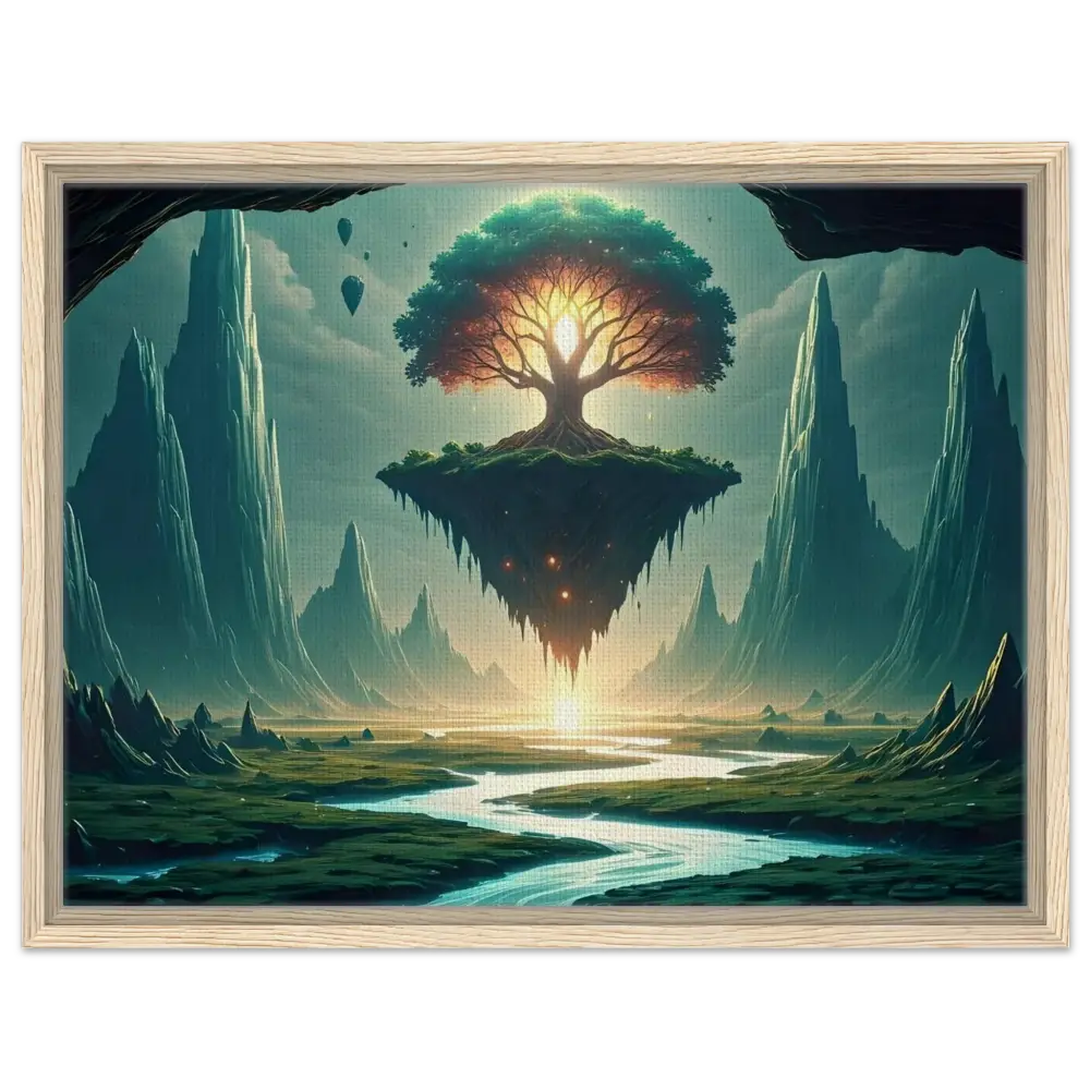 Framed fantasy landscape painting titled Sanctuary of the Skyroot displayed on Celestial Wall Display