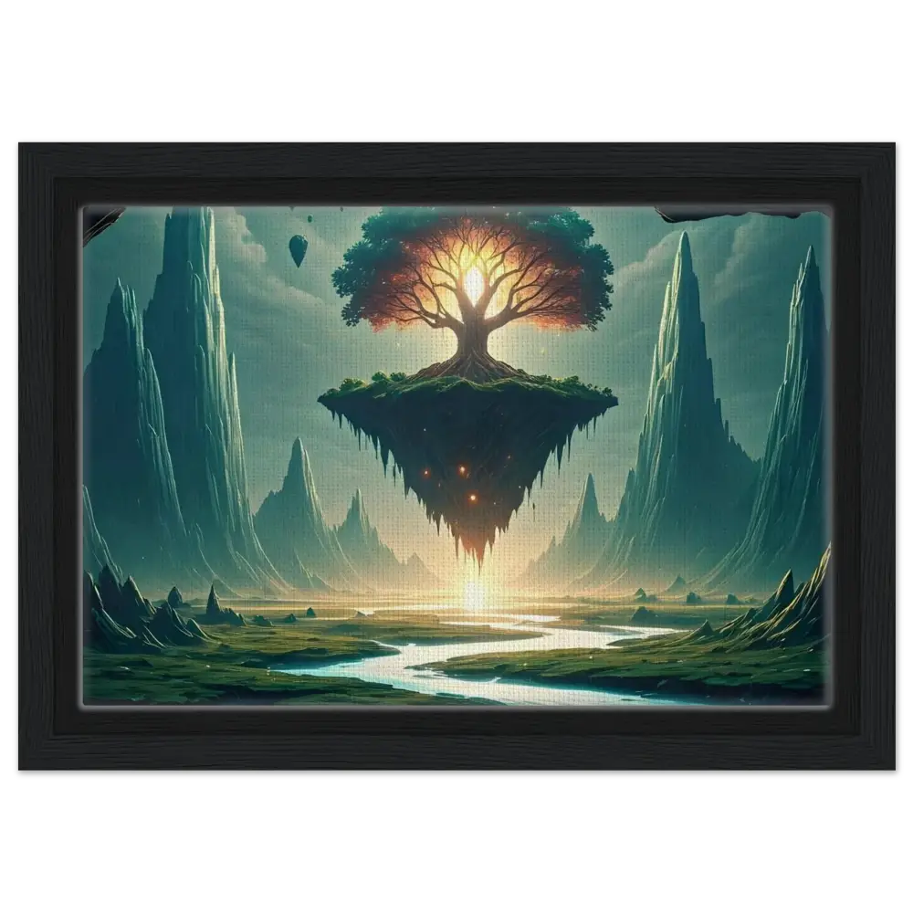 Framed fantasy landscape with floating tree on Sanctuary of the Skyroot Canvas Wall Display