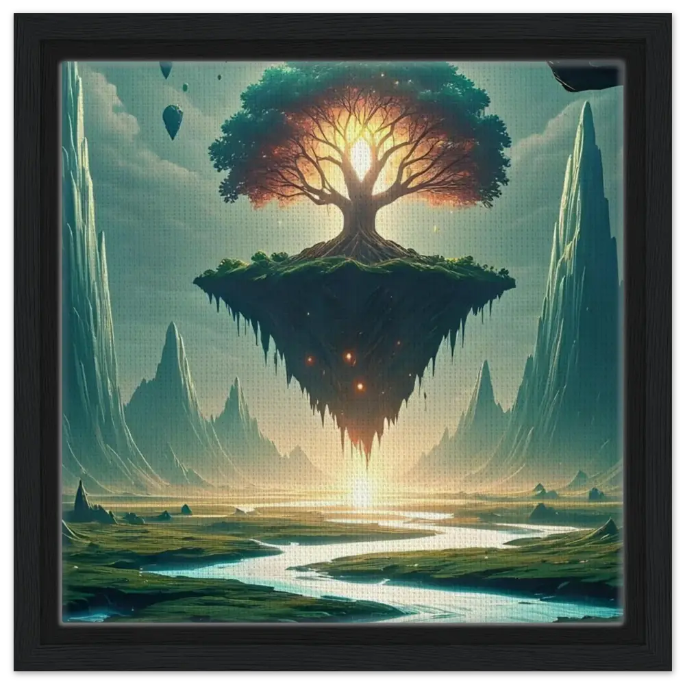 Floating island with radiant tree on Sanctuary of the Skyroot framed canvas wall display