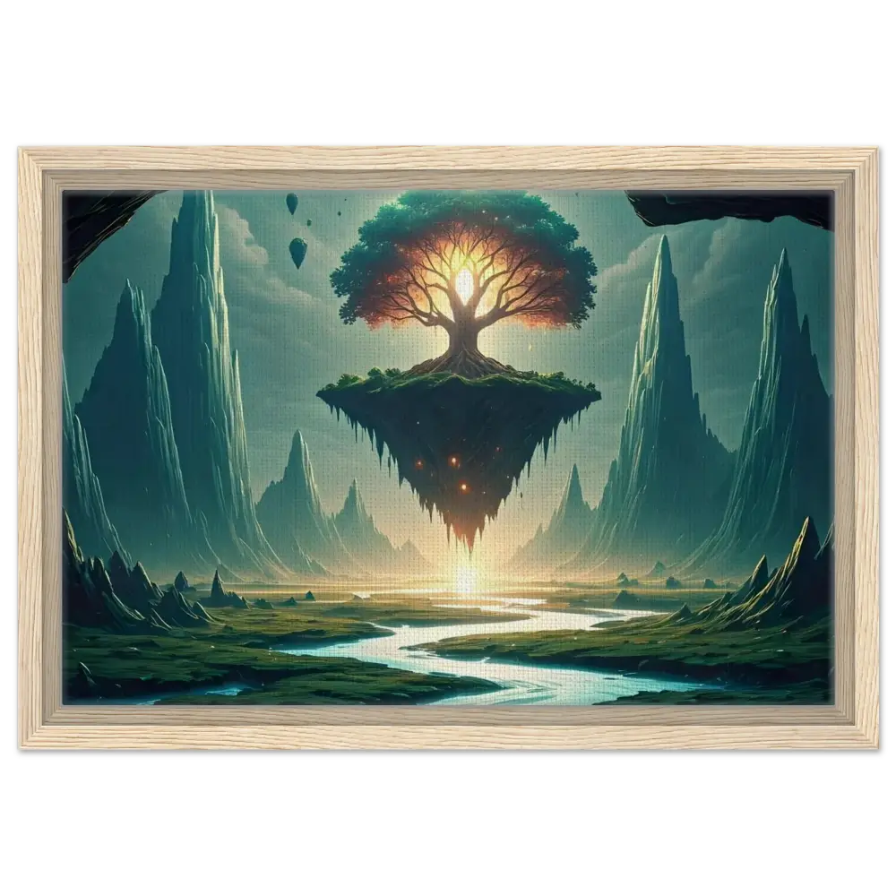 Framed fantasy landscape with floating tree, Sanctuary of the Skyroot canvas wall display