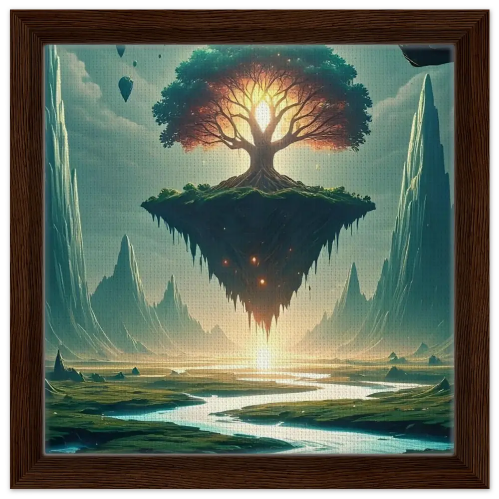 Framed fantasy landscape with floating island and glowing tree for Sanctuary of the Skyroot wall display
