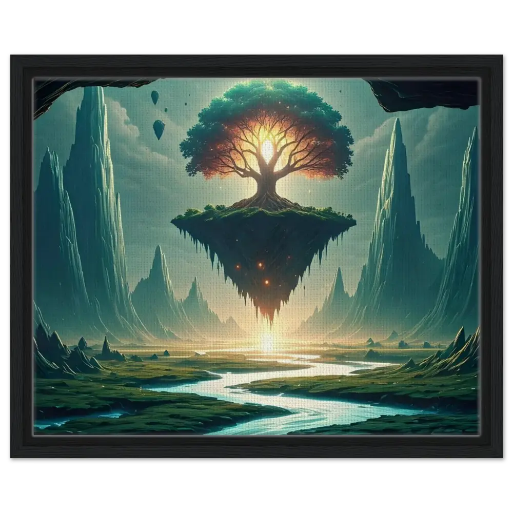 Floating tree island depicted on Sanctuary of the Skyroot framed canvas wall display