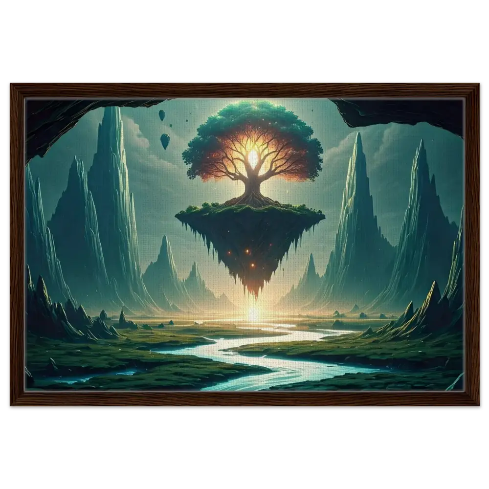 Framed fantasy landscape featuring a floating tree for Sanctuary of the Skyroot canvas display