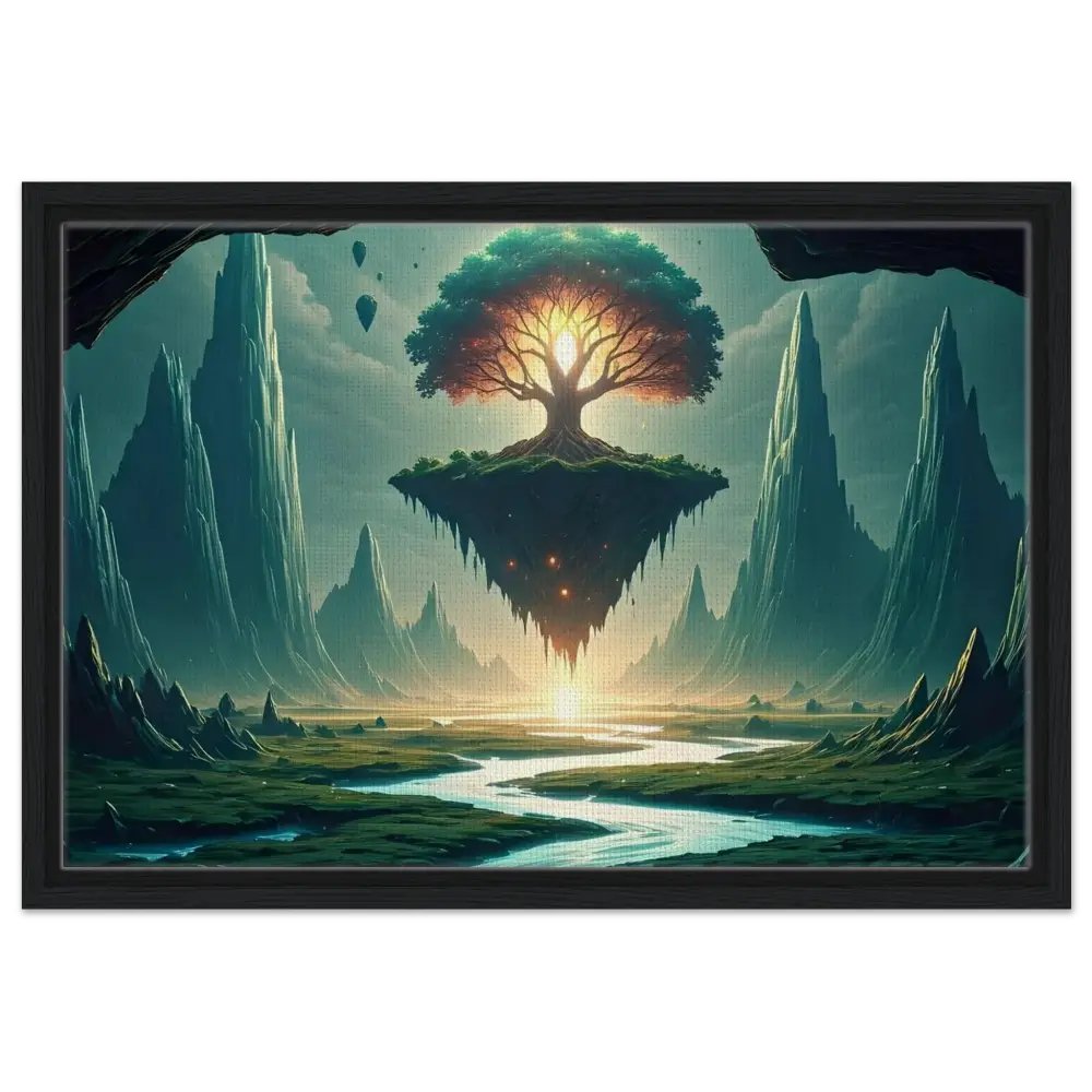 Floating island with glowing tree artwork on Sanctuary of the Skyroot Framed Canvas