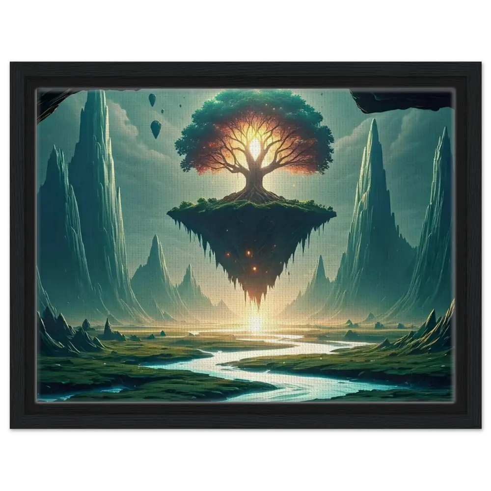 Floating island with glowing tree on Sanctuary of the Skyroot framed canvas by PixiOnyx