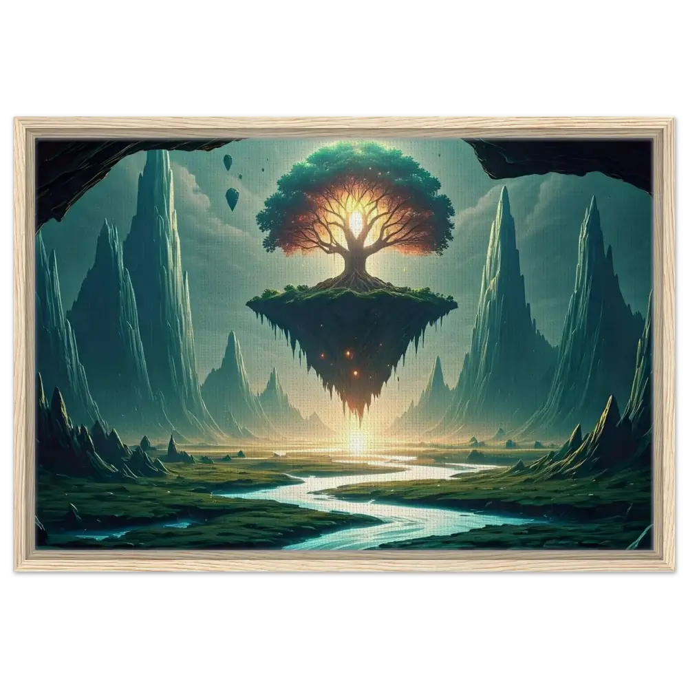 Framed fantasy landscape with floating tree displayed on Sanctuary of the Skyroot Canvas