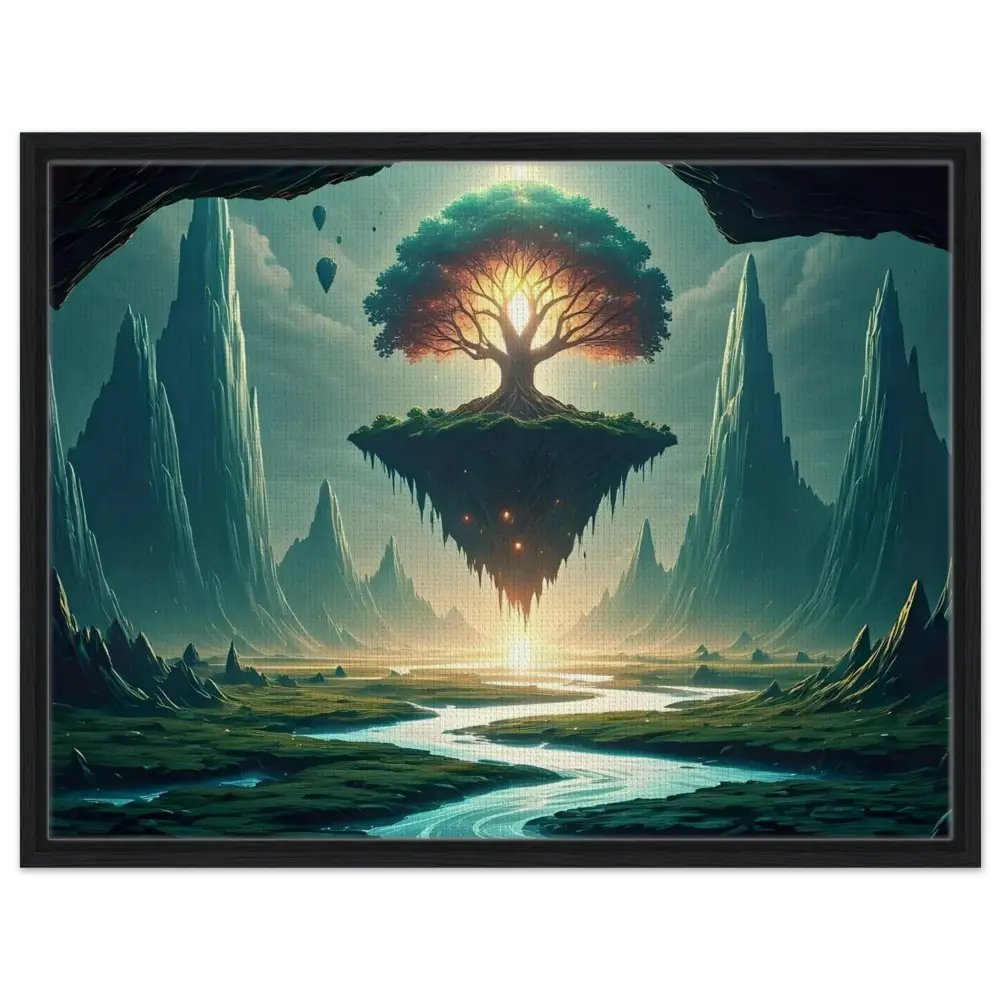 Floating island with glowing tree on Sanctuary of the Skyroot framed canvas by PixiOnyx