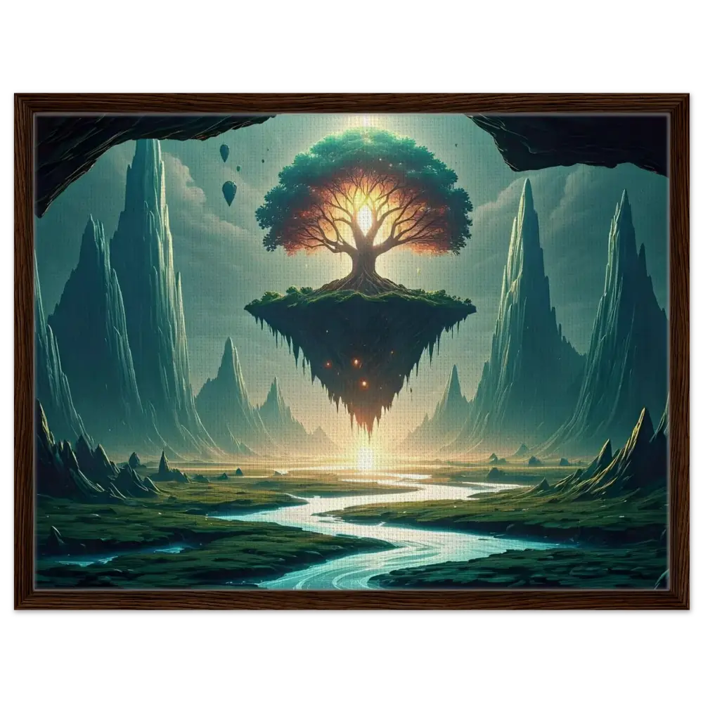 Framed fantasy landscape with floating tree on Sanctuary of the Skyroot Canvas Wall Display