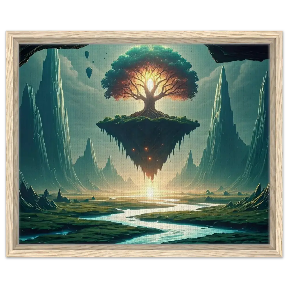 Framed fantasy landscape with floating tree on PixiOnyx Celestial Wall Display