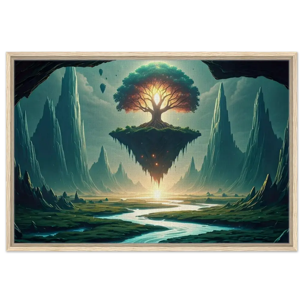 Framed fantasy landscape with floating tree from Sanctuary of the Skyroot Canvas on PixiOnyx