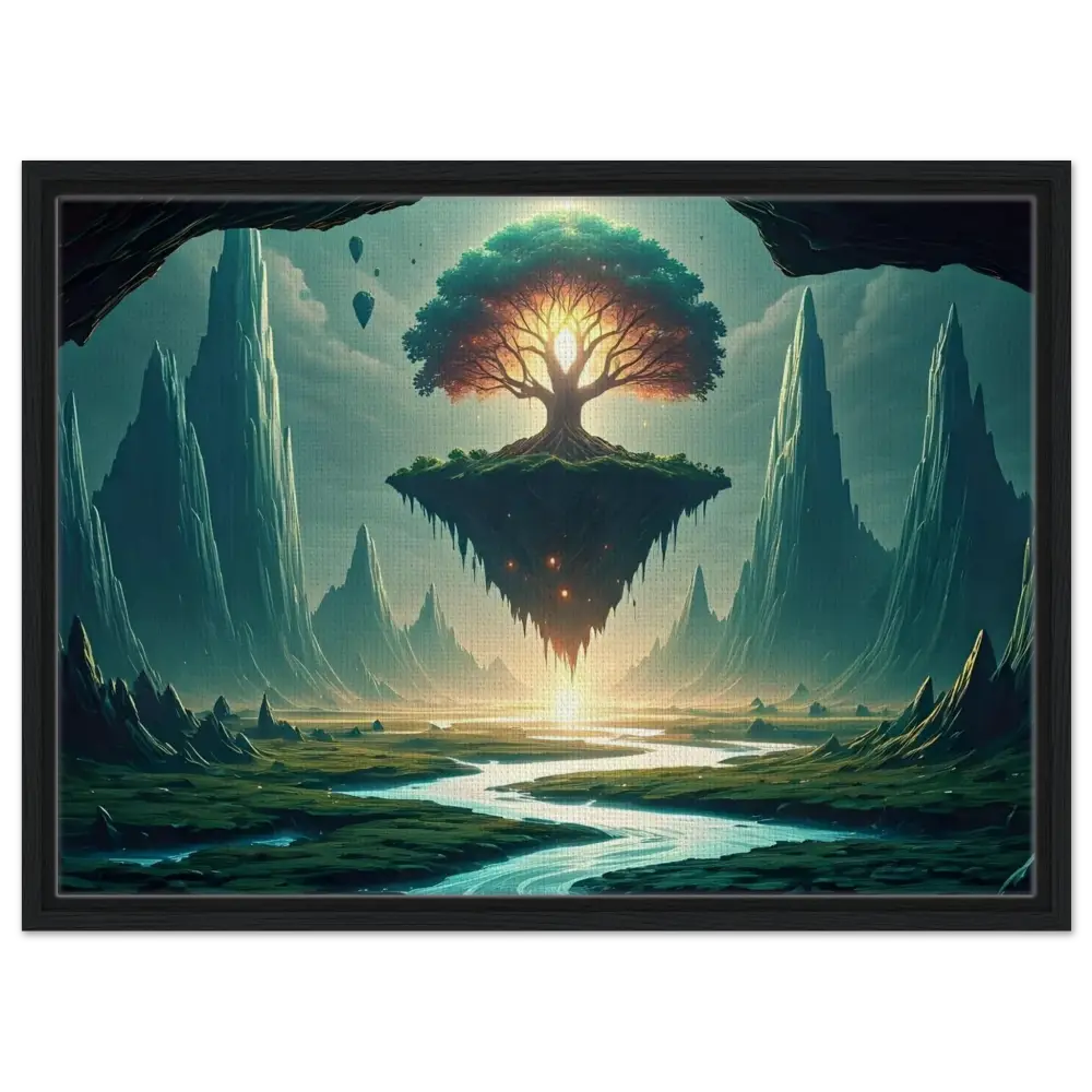 Floating island with a radiant tree on Sanctuary of the Skyroot framed canvas by PixiOnyx