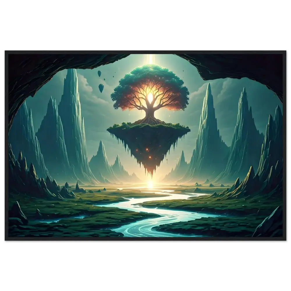 Floating island with glowing tree artwork from Sanctuary of the Skyroot framed poster
