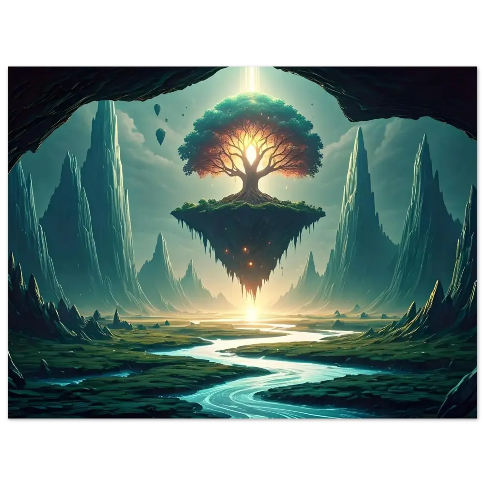 Floating island tree depicted on Sanctuary of the Skyroot Framed Poster PixiOnyx Ethereal Edition