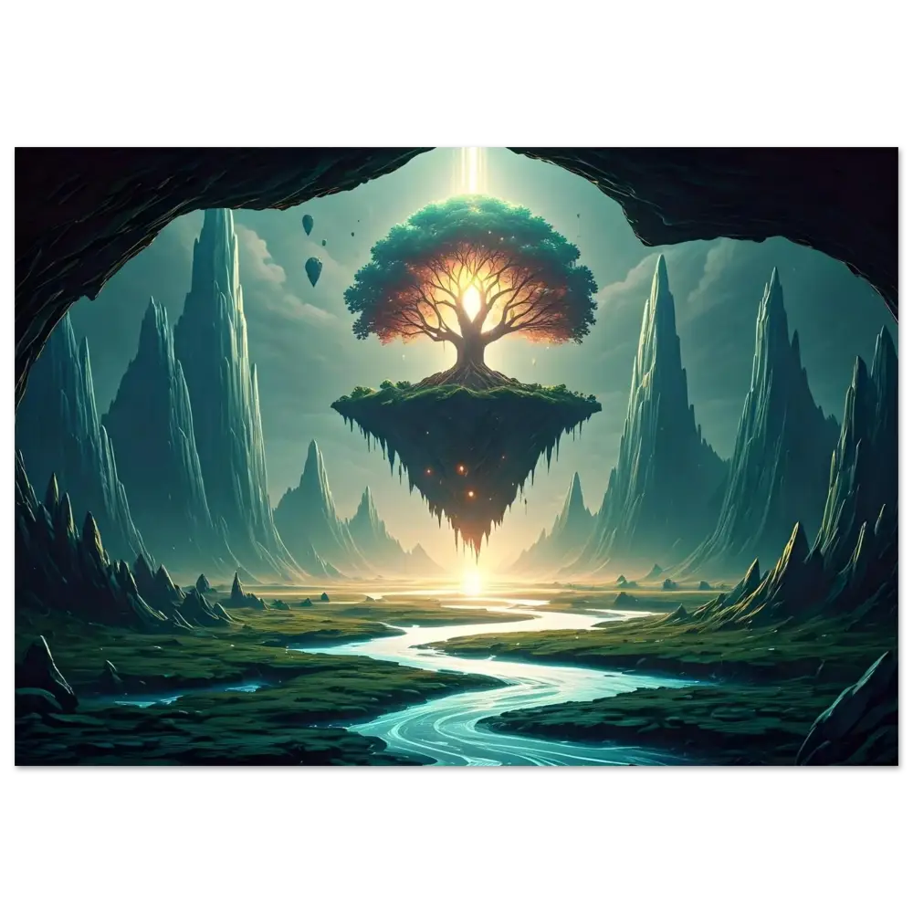 Floating tree island depicted on Sanctuary of the Skyroot Framed Poster PixiOnyx Ethereal Edition