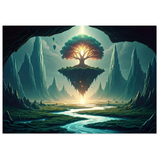 Floating tree island depicted on Sanctuary of the Skyroot Framed Poster PixiOnyx Ethereal Edition