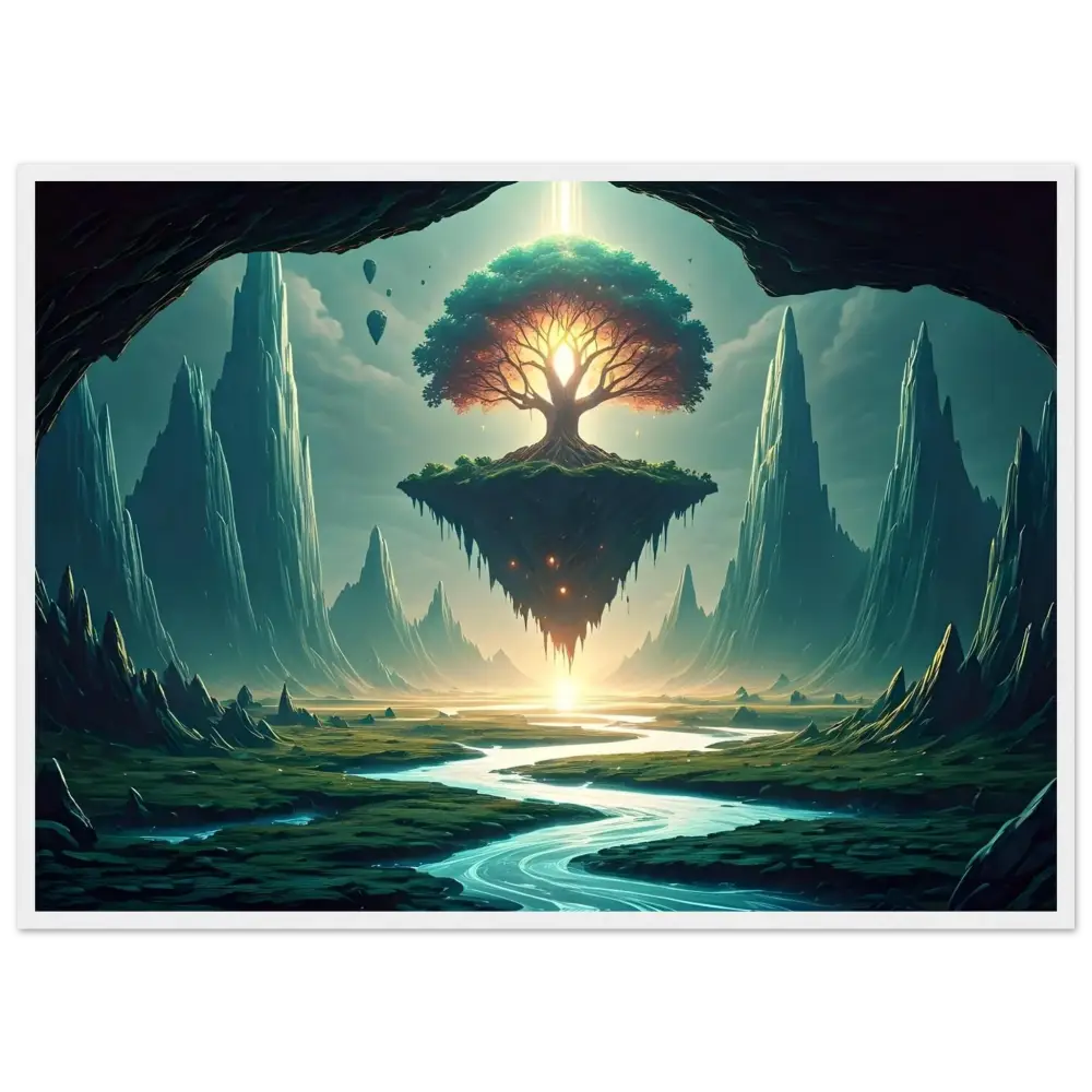 Floating tree island depicted on Sanctuary of the Skyroot framed poster by PixiOnyx Ethereal Edition