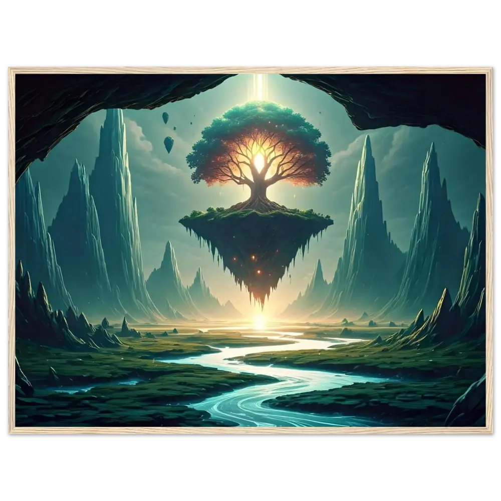 Floating tree island displayed on Sanctuary of the Skyroot Framed Poster PixiOnyx Ethereal Edition