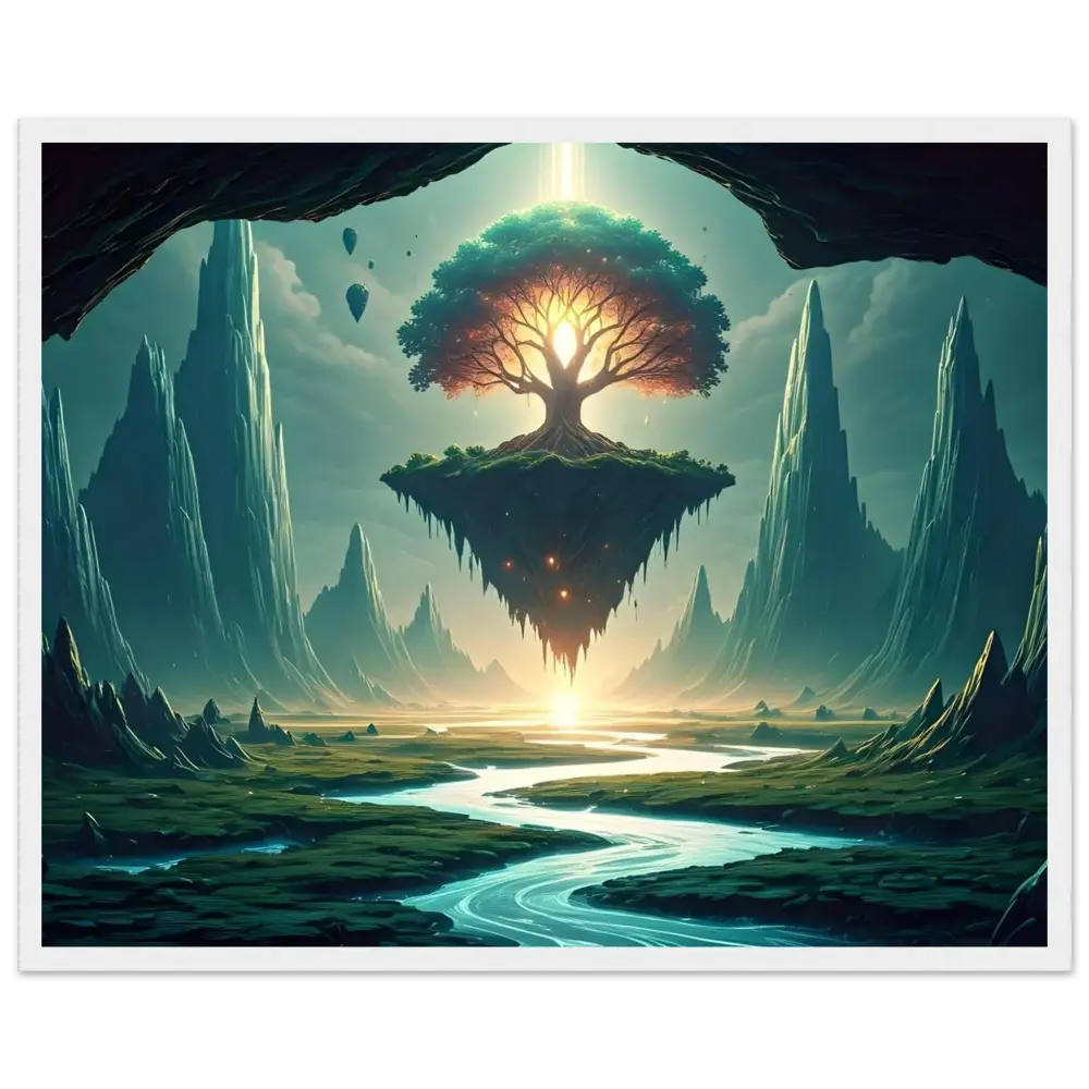 Floating island tree artwork on Sanctuary of the Skyroot Framed Poster PixiOnyx Ethereal Edition