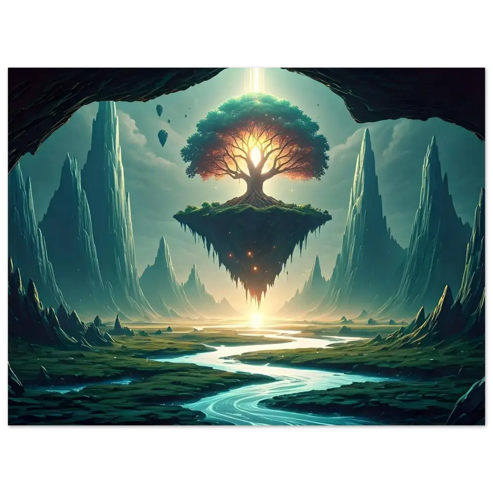 Floating tree island depicted on Sanctuary of the Skyroot Framed Poster PixiOnyx Ethereal Edition