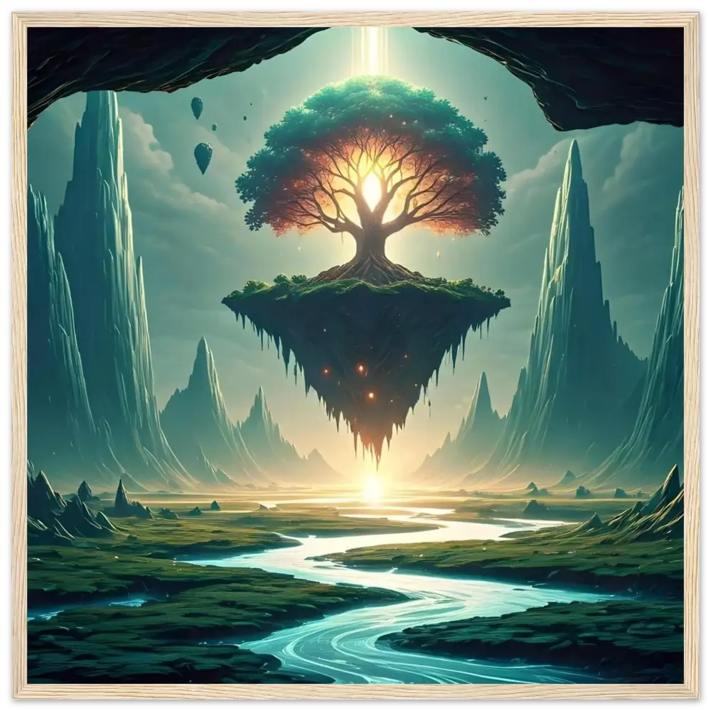 Floating island with a radiant tree in the Sanctuary of the Skyroot PixiOnyx Ethereal Edition framed poster