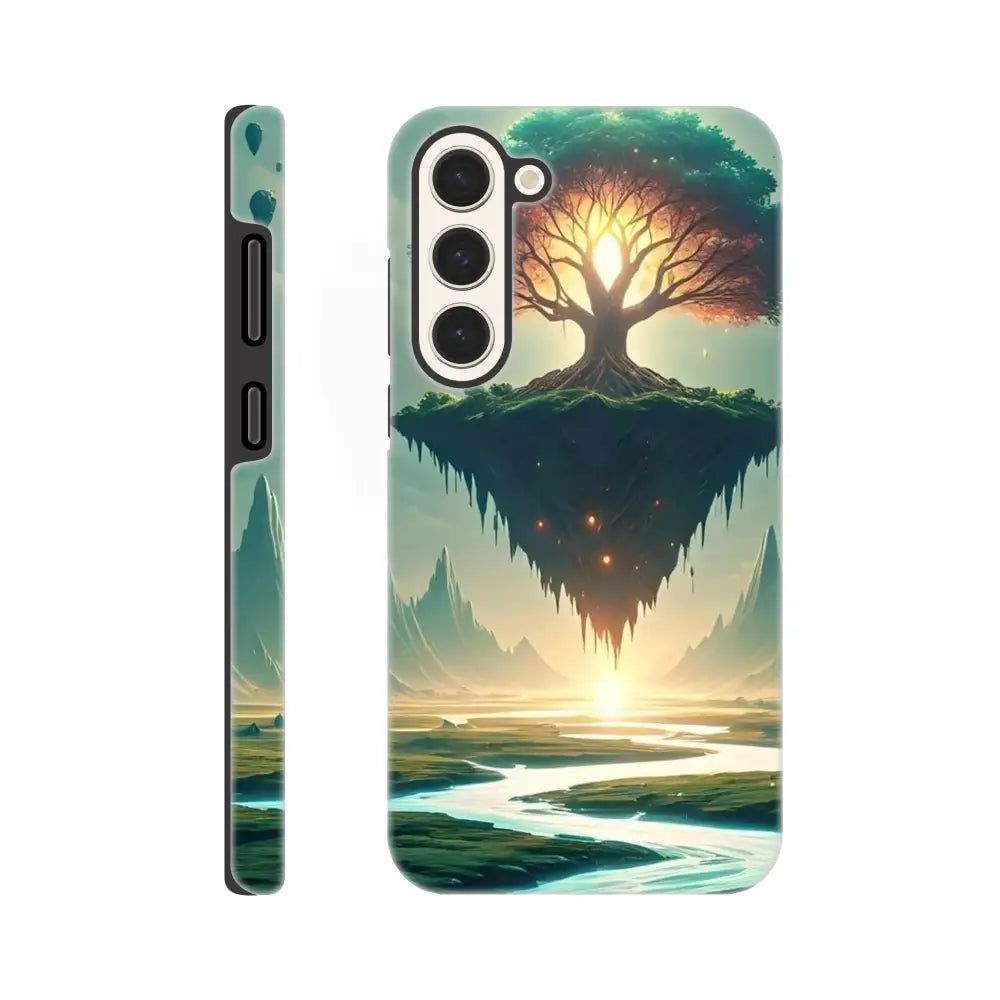 Phone case featuring a fantasy landscape design for Sanctuary of the Skyroot Samsung Tough Case by PixiOnyx Fantasy Armor