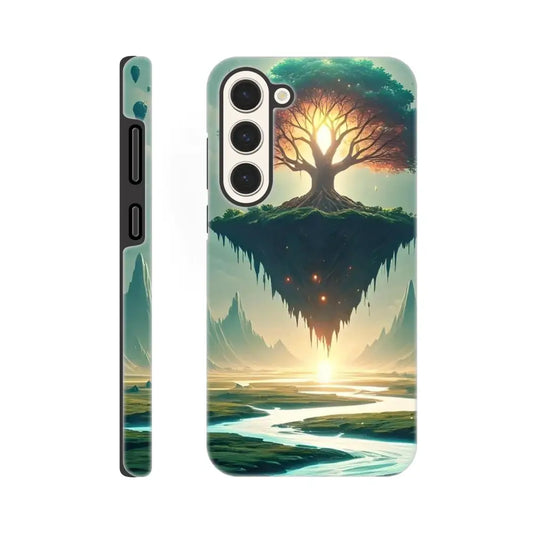 Phone case featuring a fantasy landscape design for Sanctuary of the Skyroot Samsung Tough Case by PixiOnyx Fantasy Armor