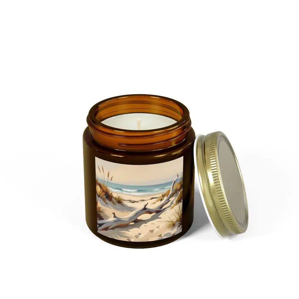 Amber jar candle featuring a beach scene label from PixiOnyx Coastal Calm Series