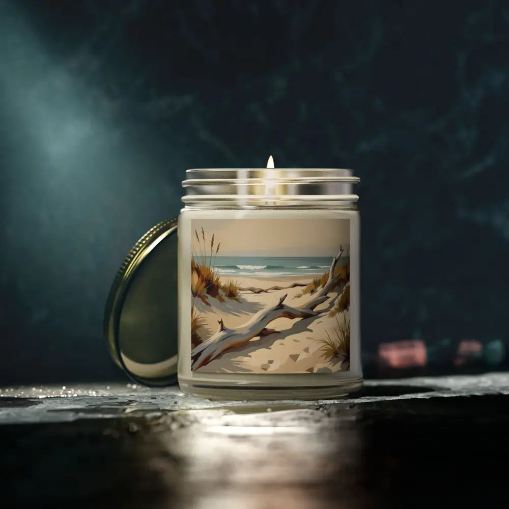 Beach-themed scented candle with lid from PixiOnyx Coastal Calm Series