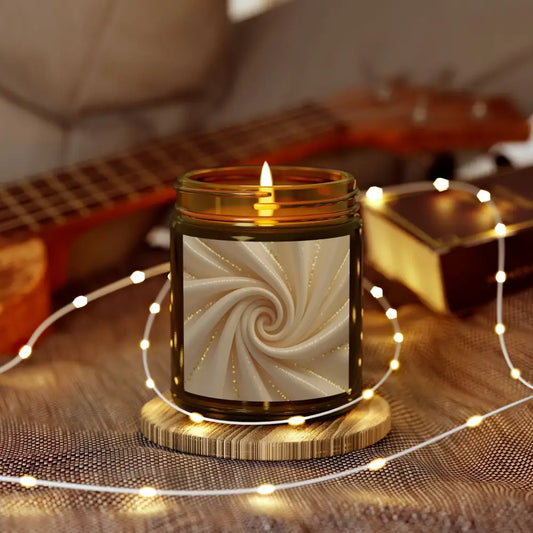 Burning candle with swirling fabric label for PixiOnyx Cashmere Musk scented flame ritual