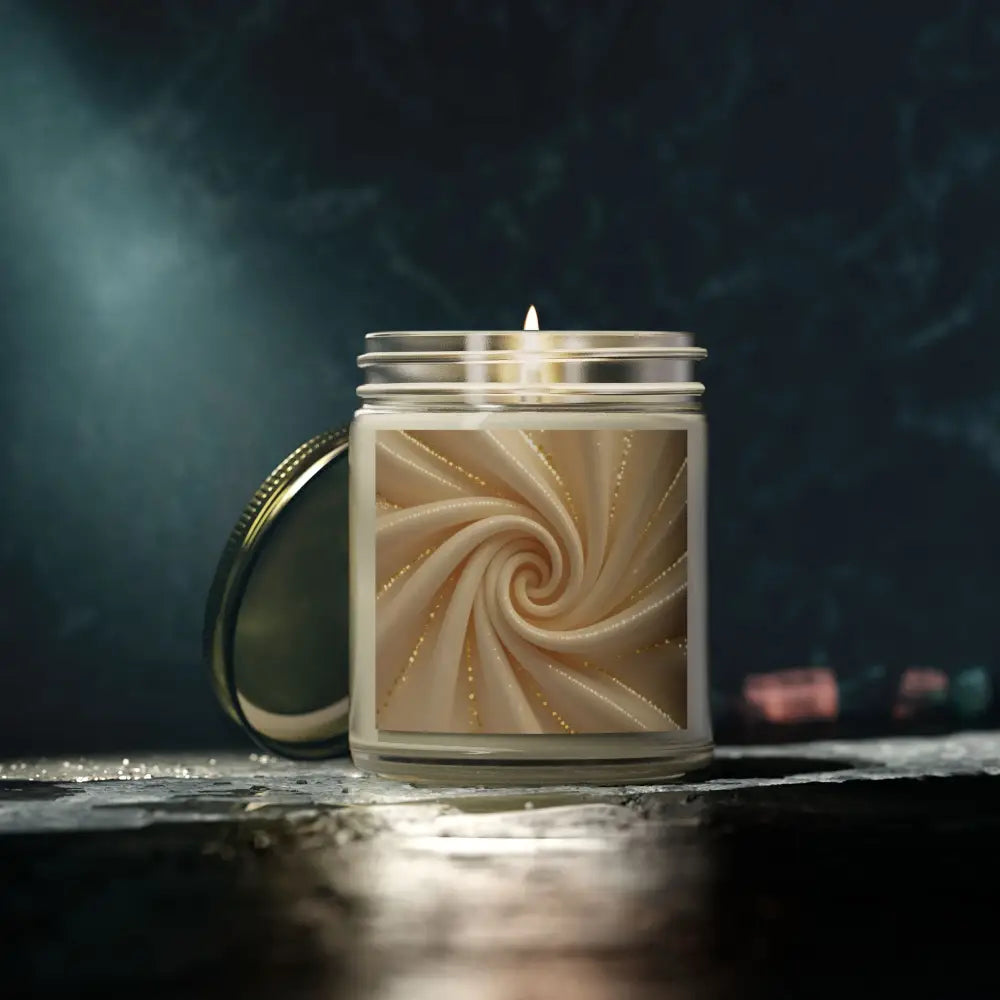 Burning candle with swirl label from PixiOnyx Cashmere Musk Scented Candle collection