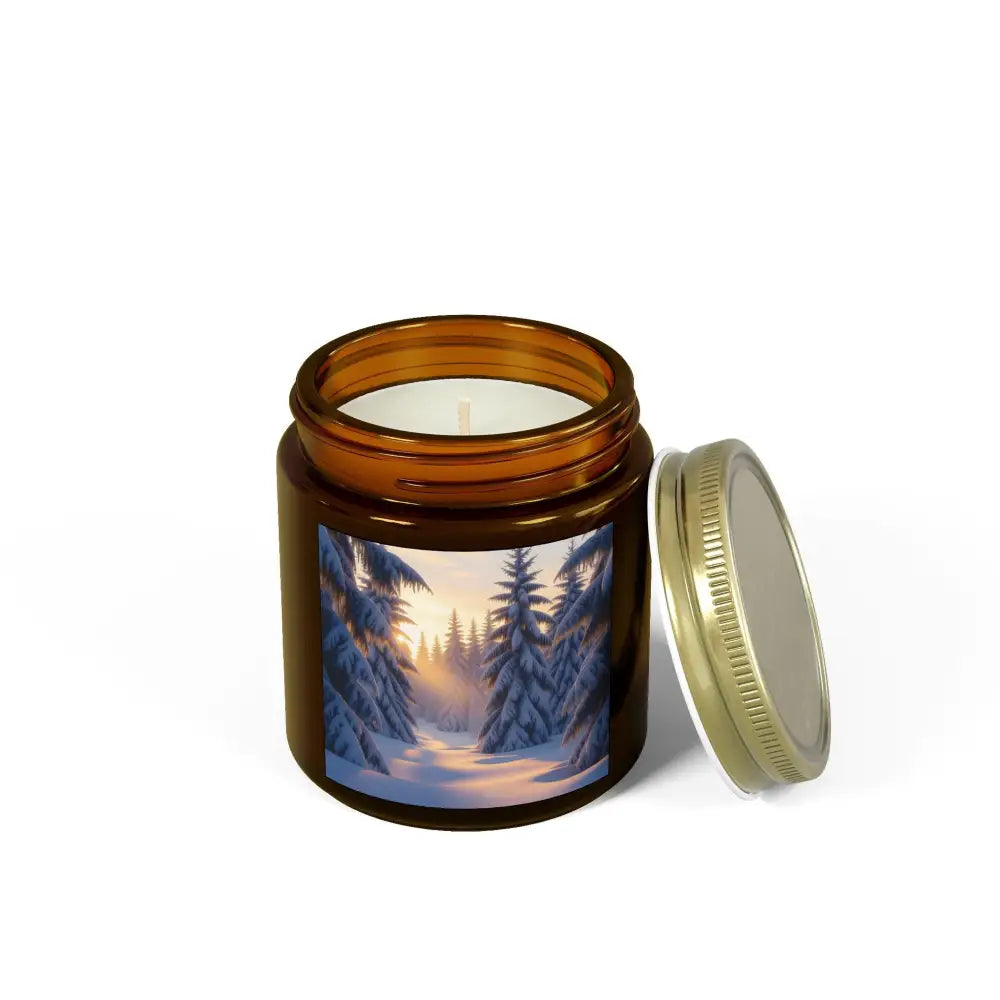 Amber jar candle with winter forest scene from Scented Candle Fraser Fir Forest PixiOnyx Winter Glow