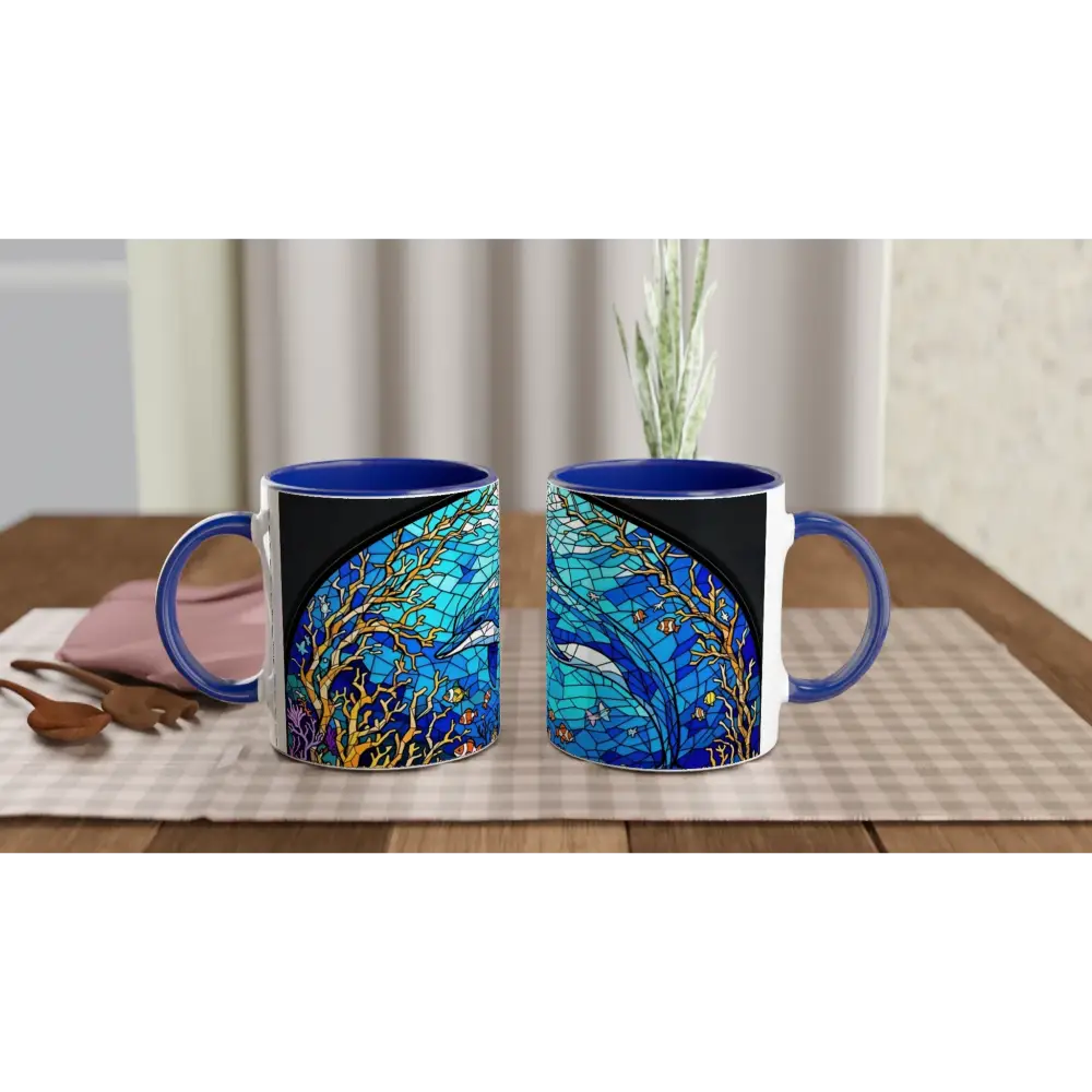 Blue-handled ceramic mugs with ocean-themed stained glass design from Sea Cathedral collection
