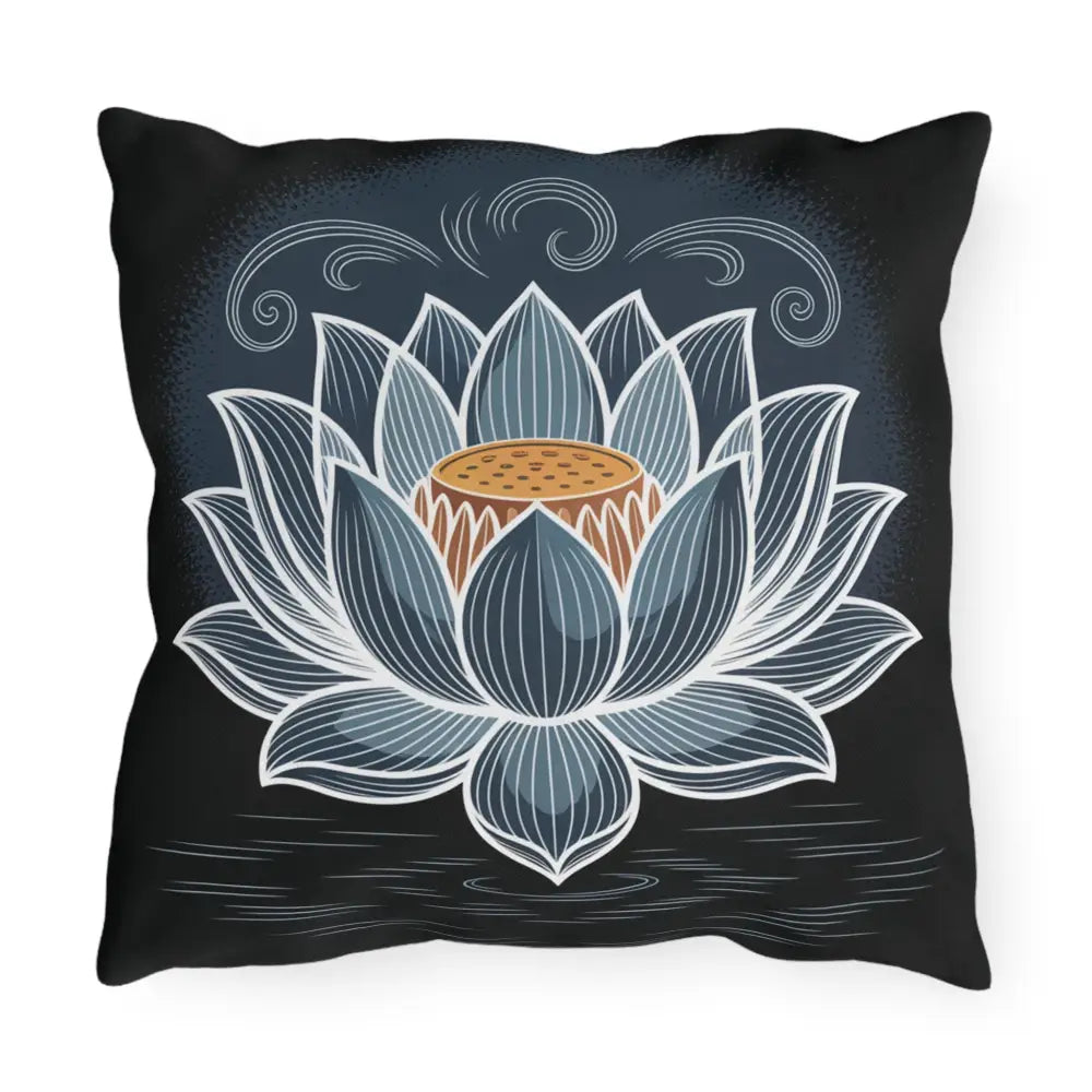 Black decorative pillow with illustrated lotus flower, stunning outdoor pillow for garden decor