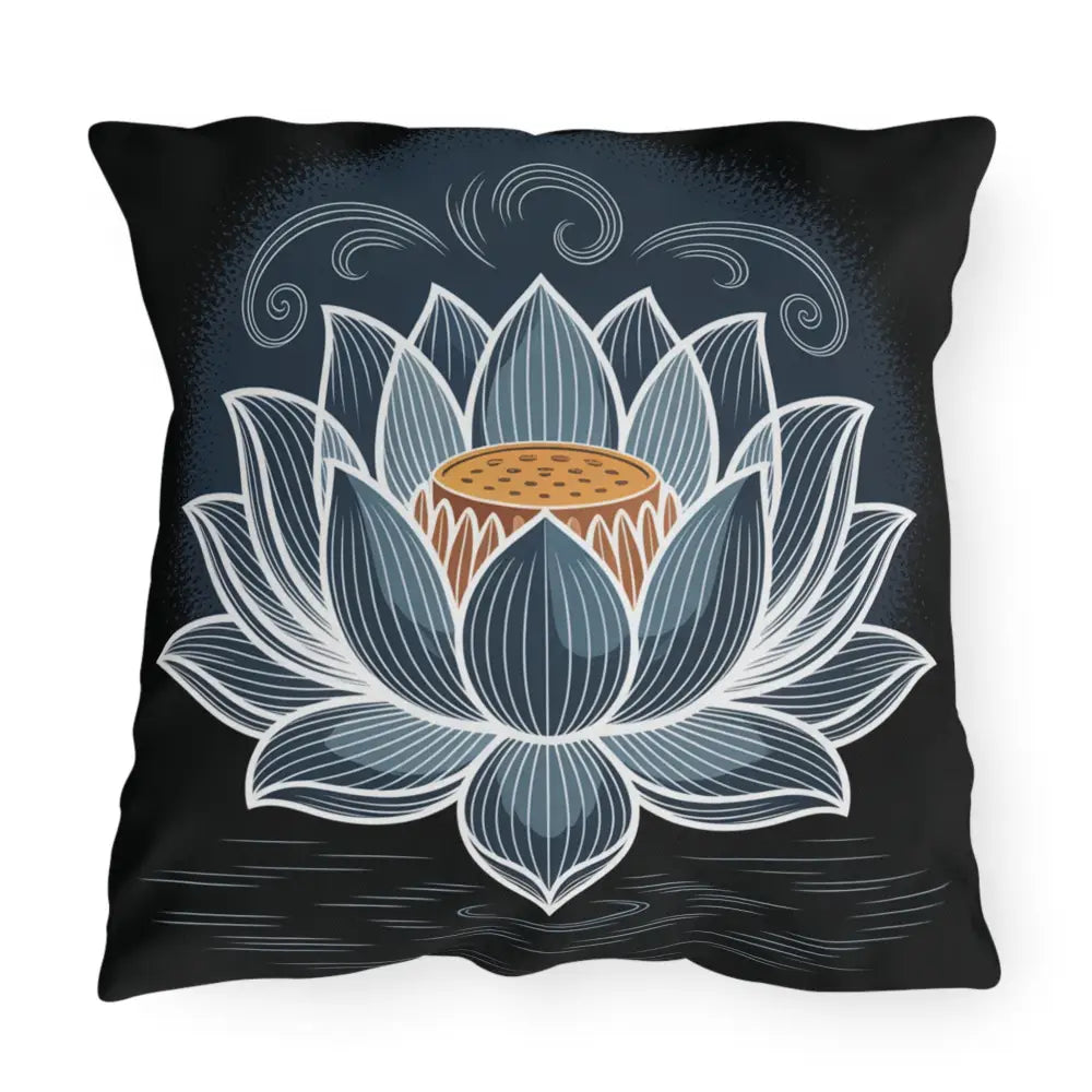 Black throw pillow with lotus flower design, stunning outdoor pillow, easy spot clean care