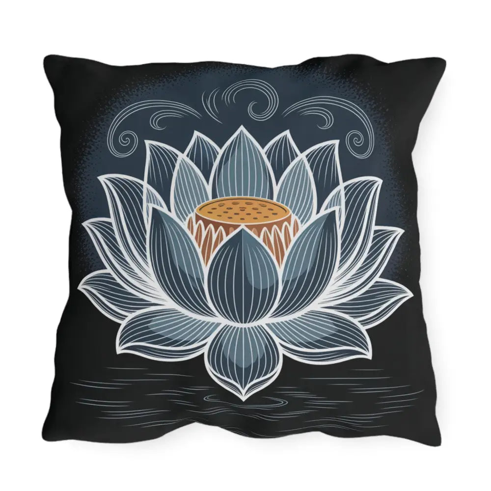 Black throw pillow with white and blue lotus flower design, stunning outdoor pillow for garden decor