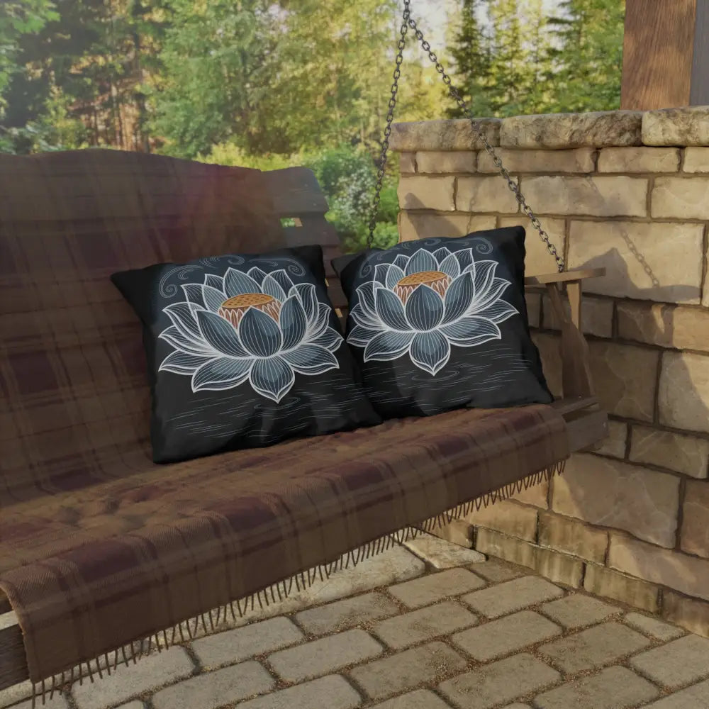 Stunning outdoor pillow with black and white lotus design, spot clean, ideal for patio decor