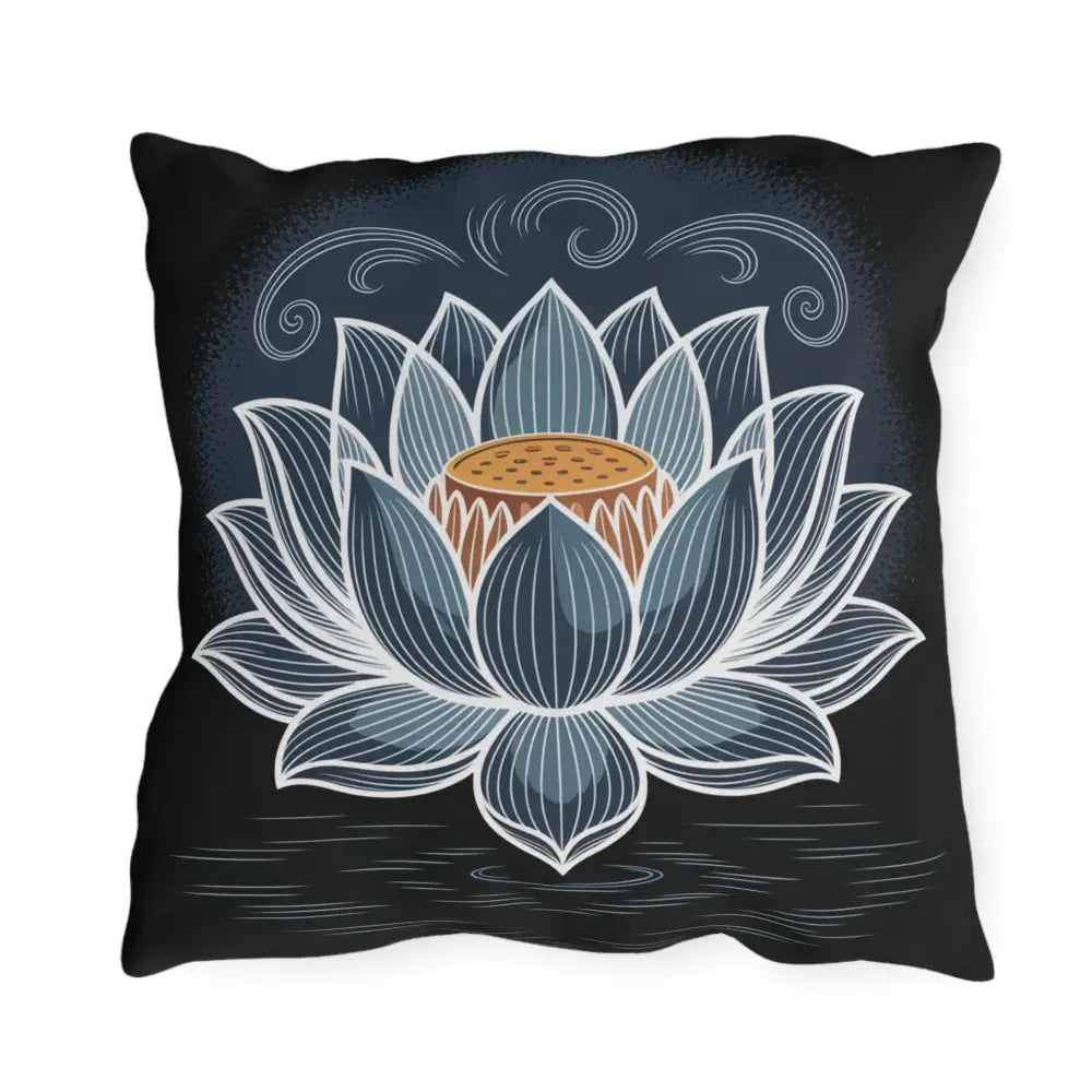 Black throw pillow with blue and white lotus design, perfect for stunning outdoor decor