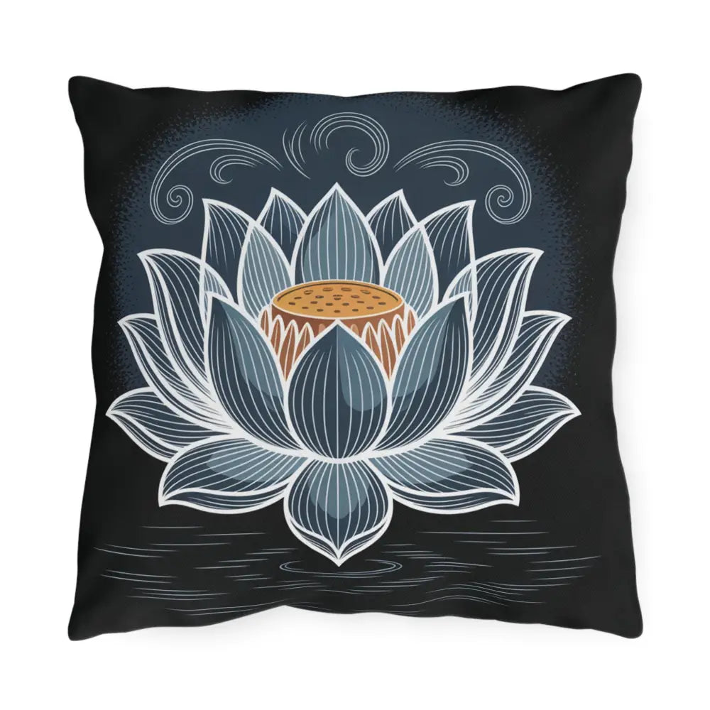 Black square pillow with white and blue lotus flower design, stunning outdoor pillow, spot clean
