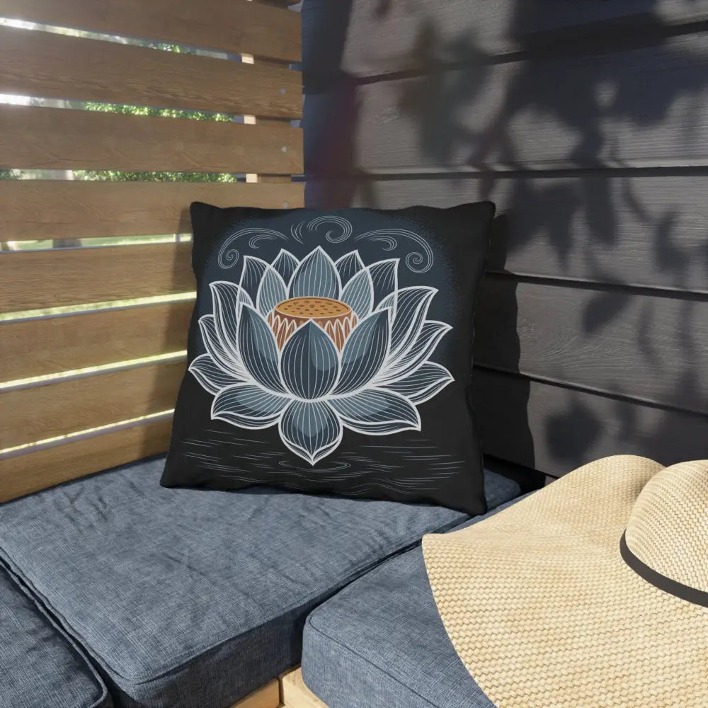 Black throw pillow with lotus flower design, stunning outdoor pillow, easy spot clean care