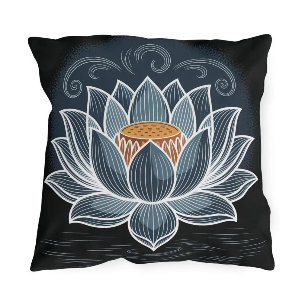 Black decorative pillow with blue and white lotus design, stunning outdoor pillow for garden decor