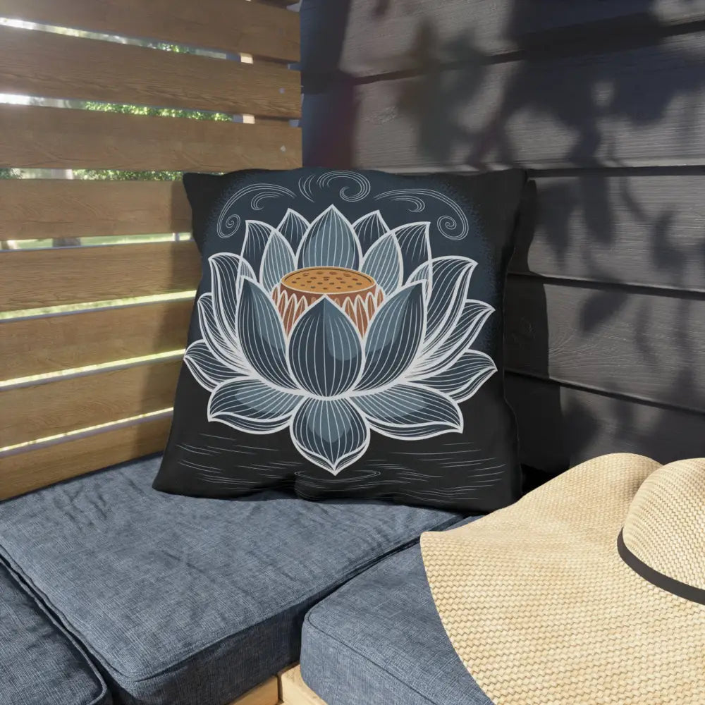 Black throw pillow with white and blue lotus flower design, stunning outdoor pillow for garden decor