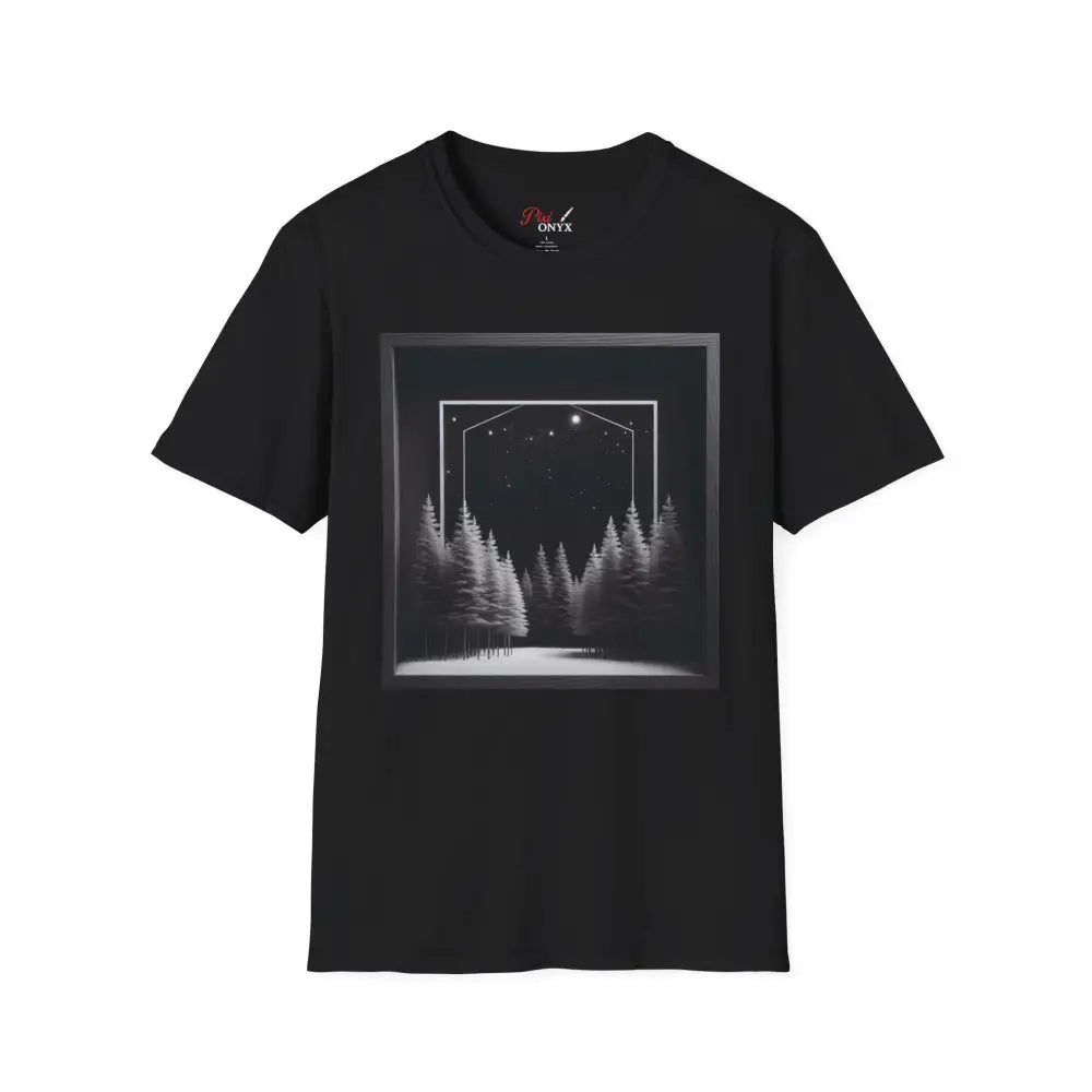 Black T-shirt featuring a serene winter scene snowy forest for nature lovers and outdoor adventures