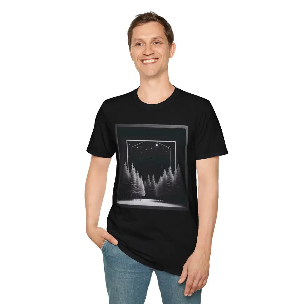 Man in black T-shirt with framed forest design, perfect for nature lovers and outdoor adventures